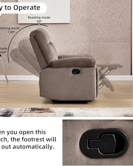 CANMOV Manual Recliner Single Sofa, Wall-Hugger Reclining Couch, Upholstered Sofa Chair with Armrests, Fabric Reclining Couch with Soft Cushion for Living Room, Brown