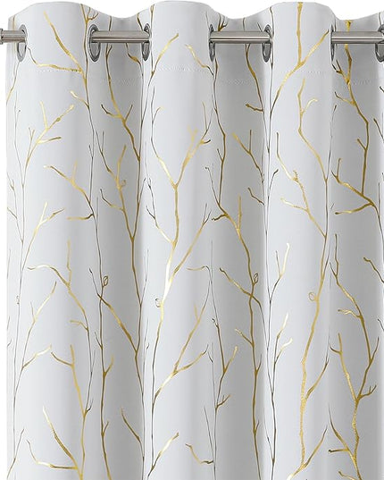 BUHUA Blackout Curtains 63 Inches Length, Thermal Curtain for Bedroom 2 Panels Set, Room Darkening Curtains with Gold Shinny Branches Tree Patern, 52W×63L Greyish White