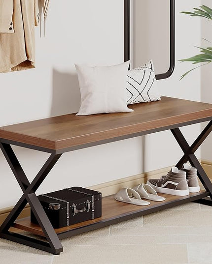 IBF Wood Bench Indoor, Industrial entryway Bench with Shoe Storage for Living Dining Room, Farmhouse Wooden Metal Entry Way Foyer Benches Seat for Bedroom Entryway, Rustic Oak, 39 Inch Long