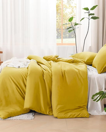Litanika Mustard Yellow Comforter Set King Size, 3 Pieces Lightweight Solid Bedding Comforter Set, All Season Fluffy Bed Set (104x90In Comforter & 2 Pillowcases)