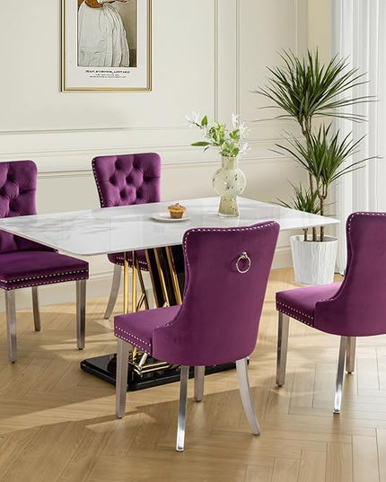 SoarFlash Velvet Dining Chairs Set of 4, Tall Back Side Chair, Modern Upholstered Side Chair with Button Back Ring, Silver Plated Stainless Steel Legs (Purple)