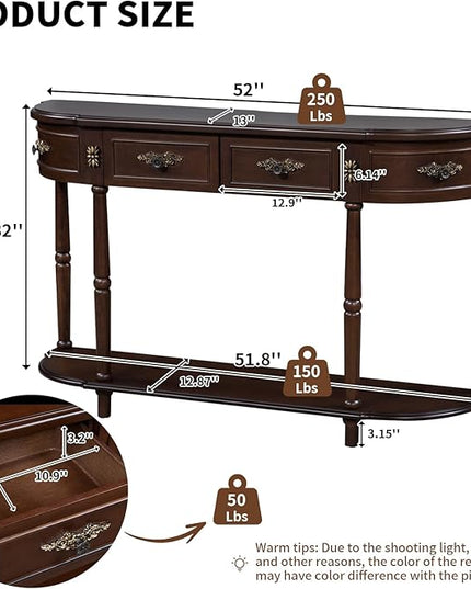 HMFULE Retro Curved Console Table, 52" Half Moon Console Table Sofa Table Entryway Table with 2 Drawers 1 Open Shelf Solid Pine Legs for Living Room,Entryway,Hallway,Espresso