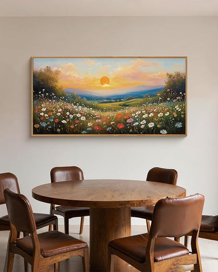 HOURIA Watercolor Sunset Floral Meadow Landscape Framed Canvas Wall Art Set,Boho Vibrant Colorful Wildflower Decor,Modern Nature Inspired Scenery Artwork for Living Room,Bedroom,Farmhouse-20 x40 x1