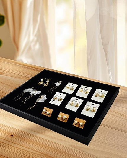 Black Velvet Stackable Jewelry Display Tray Storage Organizing Trays Empty Plate (13.78" L x 9.45" W x 1.18" H in) (2)