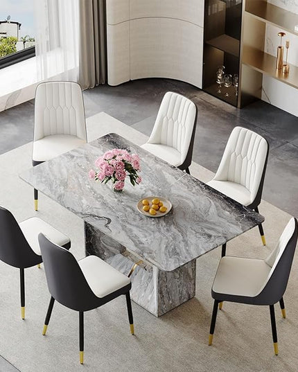 Dinner Table Set for 6, 7 Piece Dining Table Set with Chairs, 63" Faux Marble Modern Table with 6 PU Leather Upholstered Chairs, for Kitchen & Dining Room