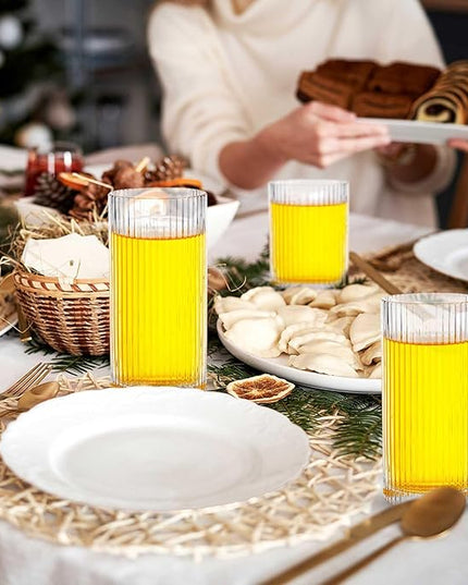 Zhehao 12 Pcs Ribbed Drinking Glasses Set 12 oz 14 oz Glass Cups Vintage Glassware Ribbed Cocktail Cup Clear Ice Coffee Highball Ripple Drinkware for Home Bar Beverages