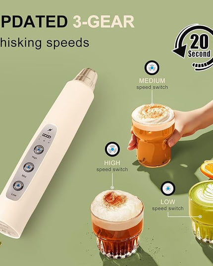 YUSWKO Beige Handheld Milk Frother Wand for Coffee, Rechargeable Electric Whisk with 3 Heads 3 Speeds Drink Mixer Coffee Frother For Latte, Cappuccino, Hot Chocolate, Egg