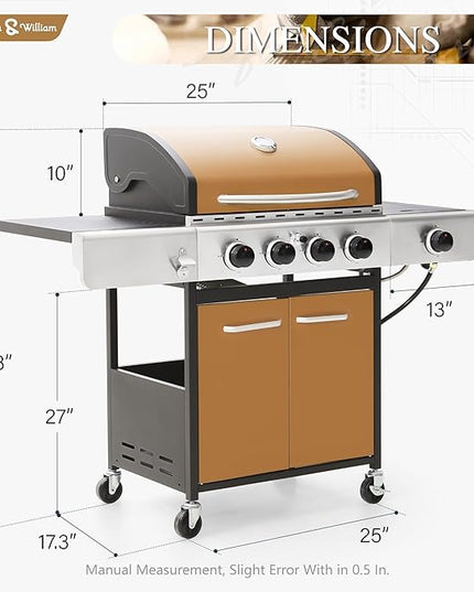 Sophia & William 4-Burner Gas BBQ Grill with Side Burner and Porcelain-Enameled Cast Iron Grates, 42,000BTU Propane Grills Outdoor Cooking Barbecue Grill Cabinet Style, Golden