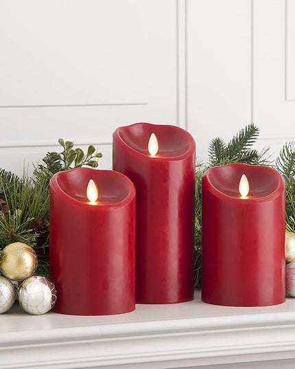 Luminara Flameless Flickering Melted Edge Set of 3 Candles, Battery Operated & Timer Function, Remote Included, Unscented Paraffin Burgundy Wax LED Light Pillar, Christmas Holiday Décor