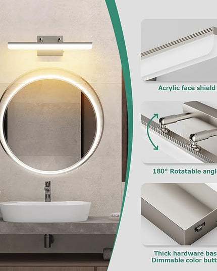 Brushed Nickel Vanity Light, 15.7” Dimmable LED Bathroom Light Bar with 5CCT, Adjustable Angle – Modern Wall Lighting for Bathroom, Powder Room, Bedroom, Apartment, Hotel