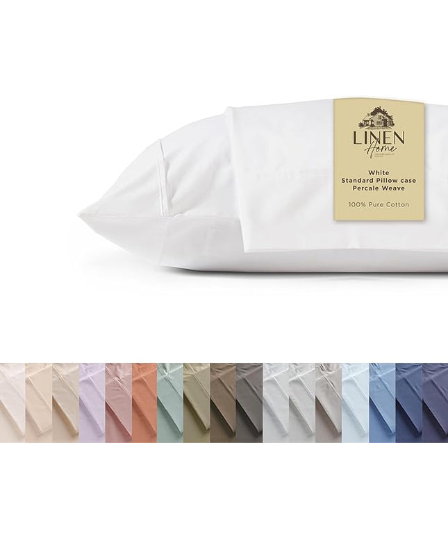 Linen Home 100% Cotton Percale Pillowcases Queen Size, White, 2 Pieces of Pillow Case, Crisp and Cool Strong Bed Linen, 20 inches X 30 inches