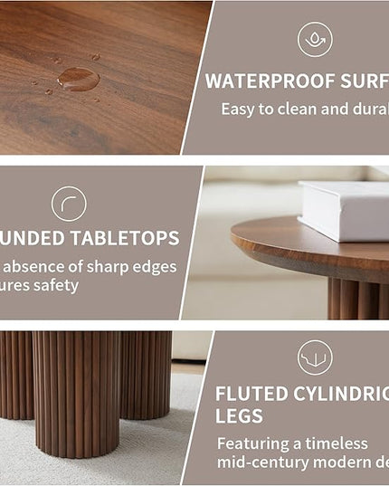 Round Nesting Coffee Table Set of 3,Mid Century Modern Fluted Coffee and End Table Set,Small Circle Wooden Side Table Drink Table for Living Room (Walnut)