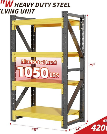 48" W Garage Shelving,4-Tier Heavy Duty Storage Shelves Unit with Adjustable Metal Shelf for Warehouse,Basement,Workshop,4200LBS,48" W x 24" D x 79" H,Black&Yellow