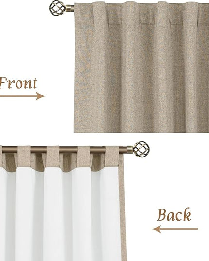 LAMIT Natural 100% Blackout Linen Curtains, 48 Inches Linen Textured Thermal Bedroom Curtains Back Tab and Rod Pocket Neutral Panels with White Liner for Farmhouse, 2 Panels, 42 x 48 Inch, Taupe