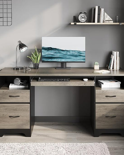 Bestier 59” Computer Desk with 4 Drawers, Office Desk with Storage, Industrial Executive Desk with File Drawer, Keyboard Tray & 2 Pedestals on Both Sides for Home Office & Studio, Grey