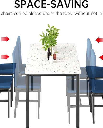 AWQM Dining Table Set for 4, Modern Marble Dining Table Set with 4 Upholstered Velvet Chairs,Dining Room Table Set for Kitchen, Breakfast Nook, Dining Room, Blue