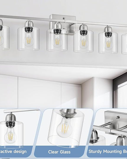 Modern Brushed Nickel 6 Light Bathroom Light Fixtures,38 inch Vanity Lights for Bathroom with Clear Glass, Vanity Light for Mirror Kitchen Living Room Hallway Cabinet Porch