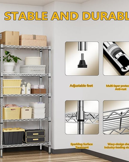1250 lbs 5 Tier Shelf Metal Storage Shelves Shelving Wire Rack Heavy Duty Closet Organizers for Garage Kitchen Bathroom Laundry Chrome 13.8" D x 29.5" W x 59.5" H