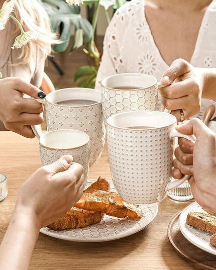 LE TAUCI Coffee Mugs 16 oz,Ceramic Mug Set, Embossment Cups for Latte, Hot Tea, Cappuccino, Mocha, Cocoa, Dishwasher Safe, Suit For Housewarming Wedding- 3.8 inch, Set of 4, Arctic White