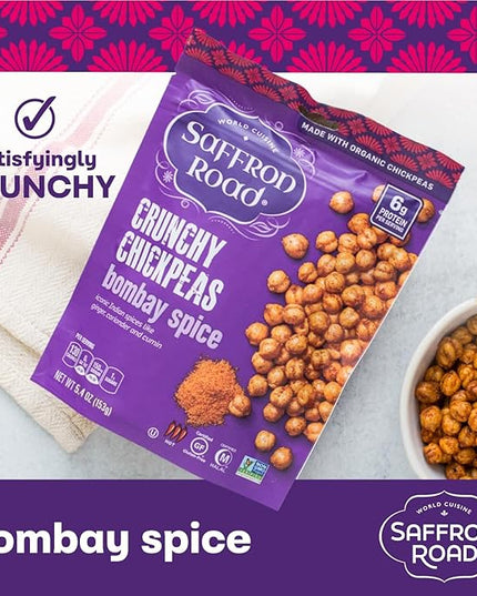 Saffron Road Roasted Bombay Spice Crunchy Chickpeas | High-Protein, Vegan, Gluten-Free, Non-GMO, Halal & Kosher Certified Snack | 5.4 oz Resealable Pouch | Pack of 6