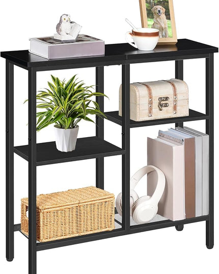 HOOBRO Narrow Console Table, Sofa Table, 4-Tier Industrial Entryway Table with Metal Mesh Shelf, Hallway Table with Adjustable Feet, for Entryway, Living Room, Hallway, Black BB79XG01