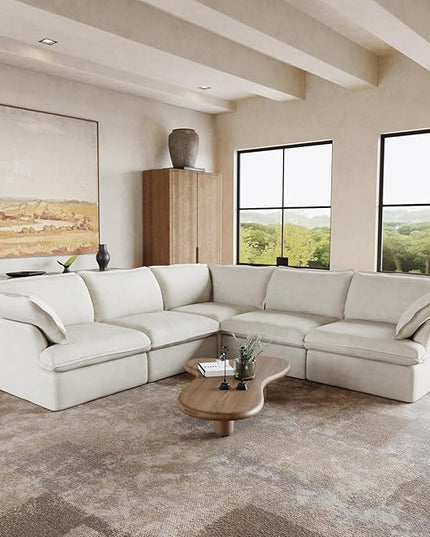 JACH V-Shaped Cloud Sectional Couch, Deep Seats Convertible Sofas, Minimalist Cloud Modular Sofa, Down Fill Soft Sofas for Living Room, Office, Apartment (5 Seats, White)