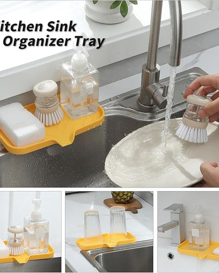 Silicone Bathroom Soap Dishes with Drain Spout-Bathroom and Kitchen Sink Organizer,Sponge Holder,Dish Soap Tray,Perfect for Dispenser,Scrubber,Bottle,Cup on Sink or Counter-Yellow 9.6"×5.3"