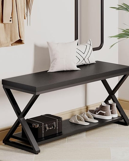 IBF Black Bench for Entryway, Black Modern Wood Bench for Bedroom Hallway Foyer, Farmhouse Entry Way Home Organizer Shoe Bench Seat with Storage Rack Indoor Under Window, 39 Inch Long