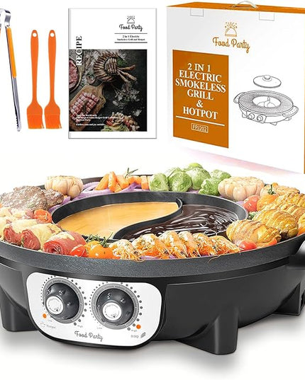 Food Party Hot Pot with Grill 2 in 1 Electric Smokeless Grill and Hotpot Pot Combo Korean BBQ Grill 110V 1700W