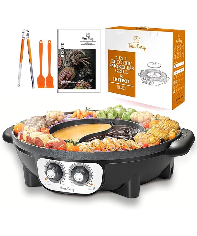 Food Party Hot Pot with Grill 2 in 1 Electric Smokeless Grill and Hotpot Pot Combo Korean BBQ Grill 110V 1700W