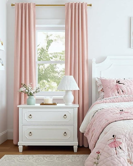 INOVADAY 100% Blackout Curtains for Bedroom, Black Out Curtains 90 Inch Long, Clip Rings Linen Blackout Drapes, Thermal Insulated Room Darkening for Living Room, 2 Panels - Blush Pink,W50xL90