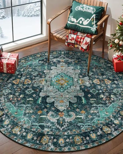 Ciicool Washable Area Rug Round 4’x4’ Teal Boho Bedroom Non-Slip Oriental Entry Throw Low-Pile Indoor Floor Carpet for Living Room Laundry Foyer Decor (Teal/Multi)