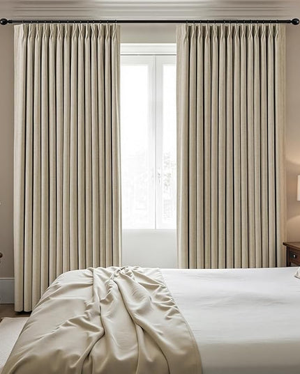 IVAPUPU Sand Pinch Pleated Full Blackout Linen Curtains for Bedroom, Black Out Curtains 95 Inches Long for Living Room Darkening Thermal Insulated Neutral Pleat Drapes with 16 Hooks, 2 Panels