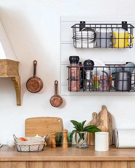 4Pcs Slatwall Basket Set Ventilated Metal Slatwall Baskets Hanging Storage Baskets for PVC Slatwall, Mounted Slatwall Accessories Storage Display on Garage Slatwall Panels