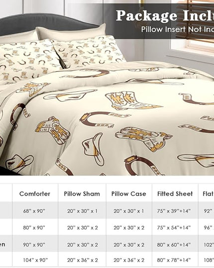 Comforter Set Twin Size, Vintage Cowgirl Cowboy 5 Pcs Bedding for Kids and Adults, Retro Western Horseshoe Bed Sheet Sets with Fitted Sheet Pillowcase & Sham