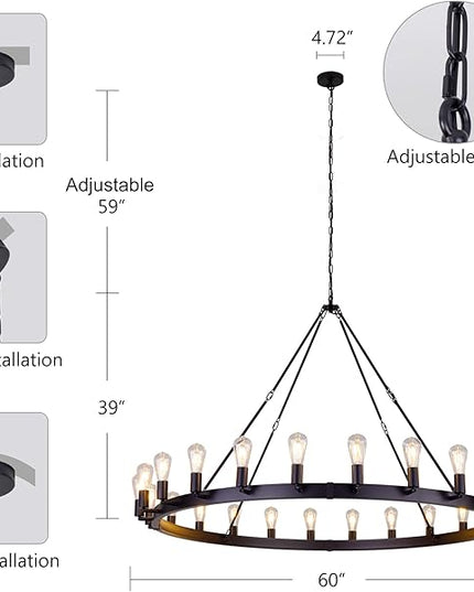 TOCHIC 60 Inch Large Black Chandelier, Modern Farmhouse Wagon Wheel Chandeliers 22-Light Industrial Round Chandelier Light Fixture for High Ceiling Dining Living Room Bedroom, Hallway, Entryway, Foyer