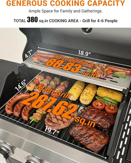 40,500 BTU 3-Burner Propane Gas Grill with Side Burner,Stainless Steel Outdoor BBQ Grill Portable with Wheels and Cast Iron Grates for Patio Garden Barbecue Cooking