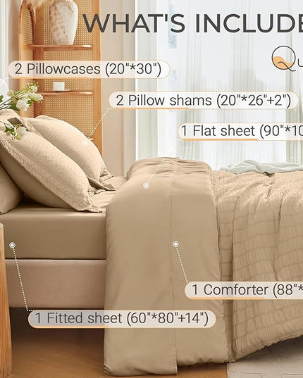 MUXHOMO 7 Pieces Queen Comforter Set, Seersucker Bed in a Bag Queen Size, All Season Luxury Bedding Set with Comforter, Flat Sheet, Fitted Sheet, Pillowcases & Shams, Khaki