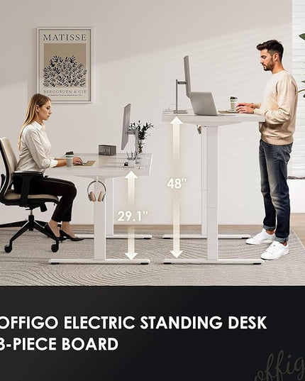 OffiGo Electric Standing Desk with 3-Piece Board, 79 Inch Height Adjustable Large Desk with Power Outlets, Sit Stand Table, Writing Computer Workstation for Home, Office, White