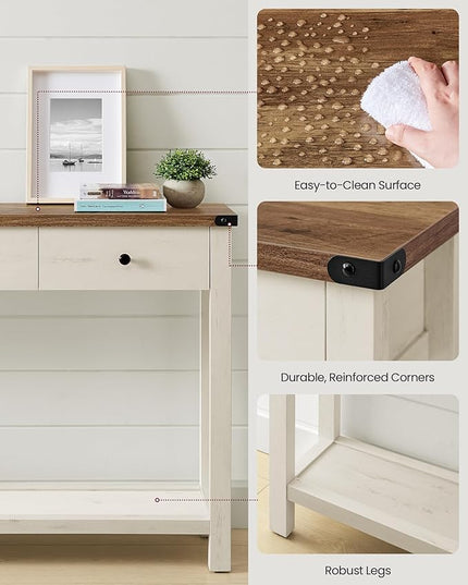 VASAGLE LIRY Collection - Console Table with 3 Drawers and Open Storage Shelf, Narrow Entryway Sofa Table for Living Room, Farmhouse Style, Metal Corners, Honey Brown and Rustic White ULNT142WJ02S