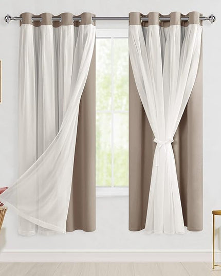 Hiasan Blackout Curtains with Sheer Overlay, Grommet Thermal Insulated Privacy Mix and Match Double Layer Window Curtains for Girls Bedroom, Living Room, 2 Drape Panels with Tiebacks, Camel, 52W X 63L