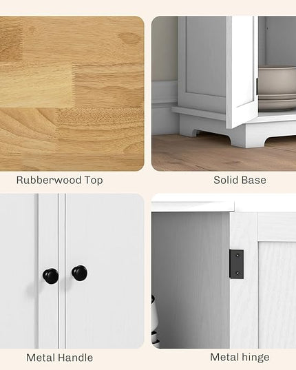 HOMCOM Sideboard with Solid Wood Countertop, Modern Kitchen Storage Cabinet, Coffee Bar Cabinet with 3 Drawers, Doors and Adjustable Shelf, Distressed White