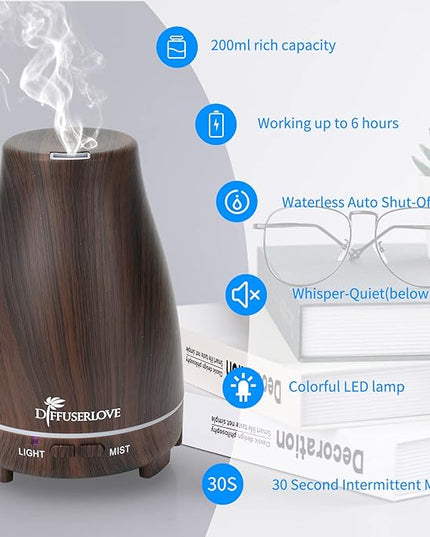 Diffuserlove Essential Oil Diffusers 200ML, Remote Control Aromatherapy Diffuser with 7 Color Lights, Auto Shut-Off for Bedroom Office Kitchen (Black Wood Grain)