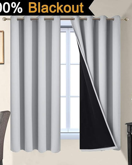 Yakamok 100% Blackout Lined Panels, Thermal Insulated Blackout Curtains for Bedroom, Heat Blocking Drapes for Living Room(52Wx63L, Light Grey, 2 Panels)
