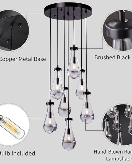 Modern 7-Light Raindrop Chandelier, Bronze Finish Teardrop Cluster Pendant Light for Kitchen Island, Dining Room Over Table Adjustable Hanging Fixture for High Ceilings, Entryway & Staircase