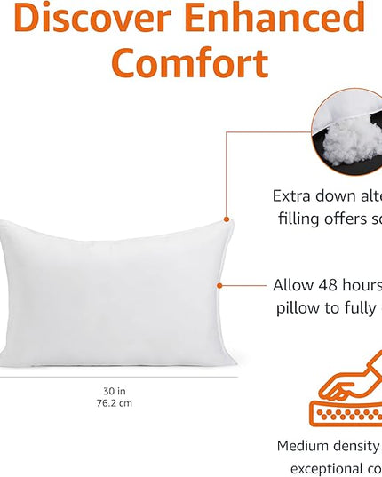 Amazon Basics Down Alternative Bed Pillow, Medium Density for Back and Side Sleepers, Queen - Pack of 2, White, 30 in L x 20 in W