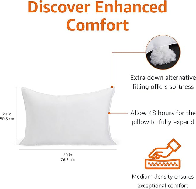 Amazon Basics Down Alternative Bed Pillow, Medium Density for Back and Side Sleepers, Queen - Pack of 2, White, 30 in L x 20 in W