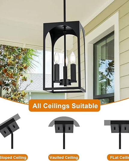 VINLUZ 3 Lights E12 Outdoor Pendant Lighting Fixture in Black Finish Finish, Farmhouse Hanging Lantern Chandelier with Clear Glass Shade for Porch Entryway Hallway