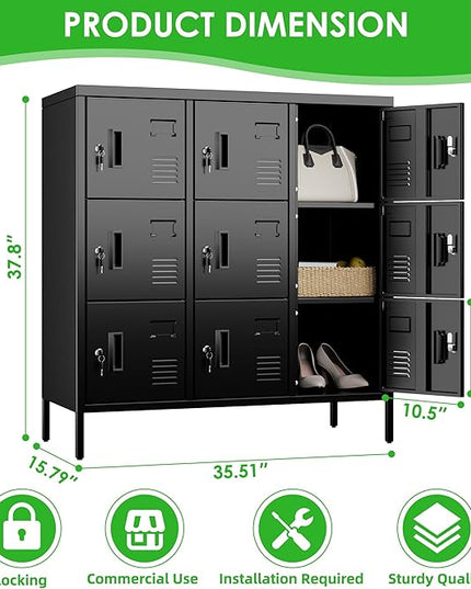 Aobabo 9 Doors Steel Storage Locker Cabinet for Employees, Metal Locker for School Office Gym Bedroom, Industrial Storage, Black, Assembly Required