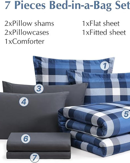 MaiRêve Queen Size Plaid Comforter Set Indigo Blue, Classic Checkered 7 Pieces Farmhouse Bedding Set, All Season Lightweight Bed in A Bag with Sheets, Pillowcases & Shams